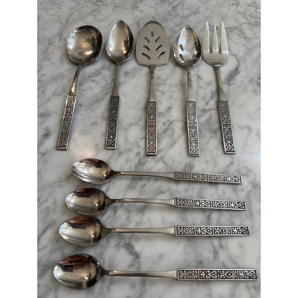 Nasco NSS1 Stainless Flatware 9pc Serving Set Iced Tea Spoons Geometric Black